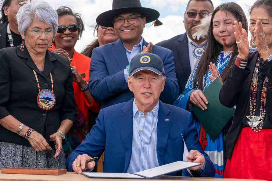 President Joe Biden signs a proclamation designating the Baaj Nwaavjo...