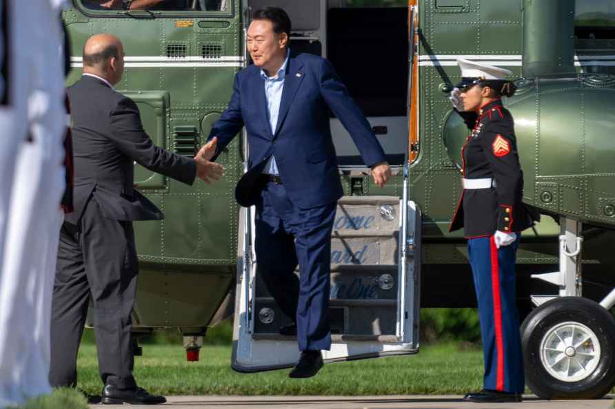 South Korean President Yoon Suk Yeol arrives at Camp David, the ...