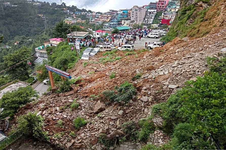 Tehri: Debris on a road after a landslide at Chamba in Tehri district...