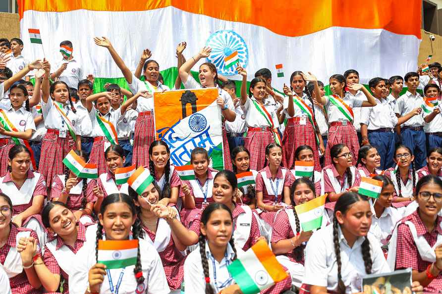 Students cheer for team India in Jammu