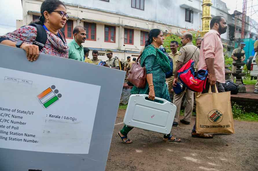 Kottayam: Polling officials carrying election material on the way...