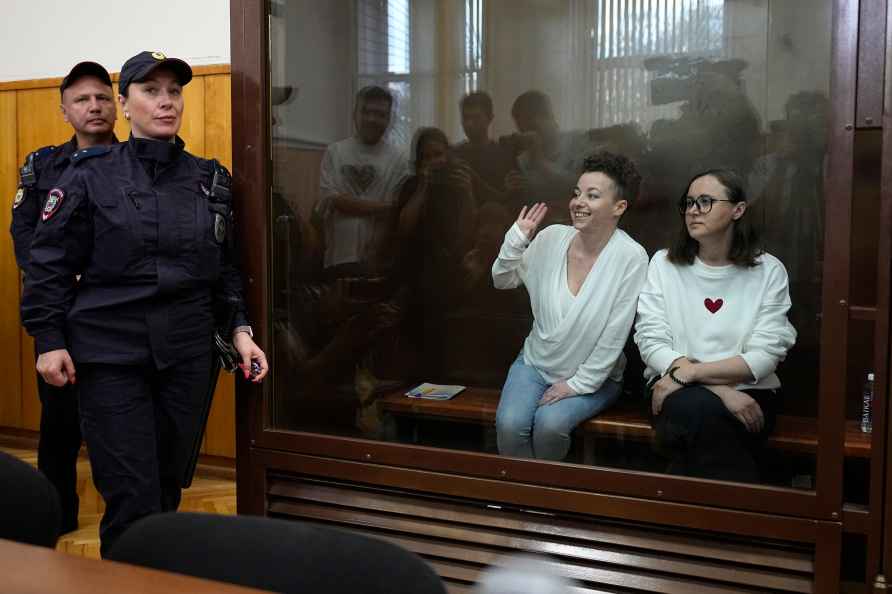 Zhenya Berkovich and playwright Svetlana Petriychuk in courtroom