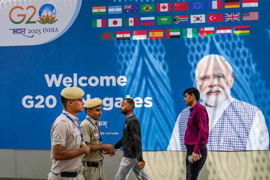 New Delhi: Security personnel guard at the Bharat Mandapam, ahead...