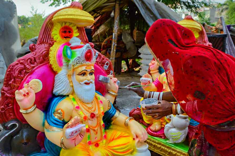 Amritsar: An artisan gives final touches to an idol of Hindu god...