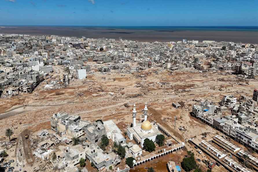 A general view of the flooded city of Derna, Libya, is seen Wednesday...