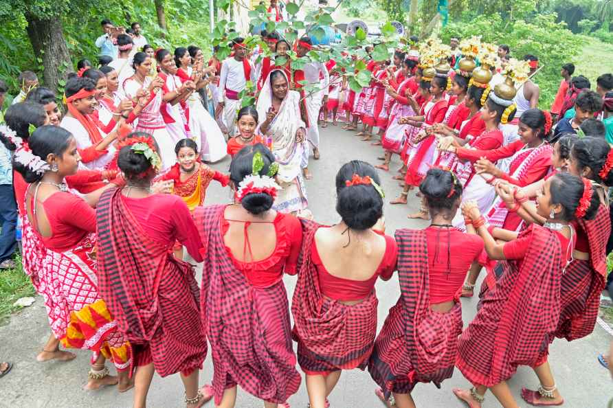 Nadia: Tribal women dance on the occasion of 'Karam' festival, in...