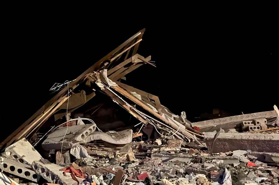 Damaged house destroyed by debris of a Ukrainian drone