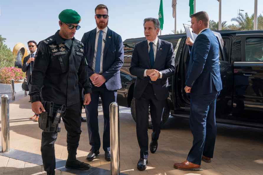 U.S. Secretary of State Antony Blinken returns to his hotel in Riyadh...