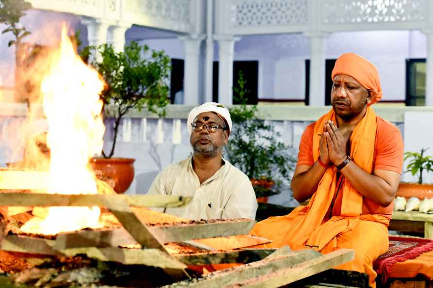 Gorakhpur: Uttar Pradesh Chief Minister Yogi Adityanath offers prayer...