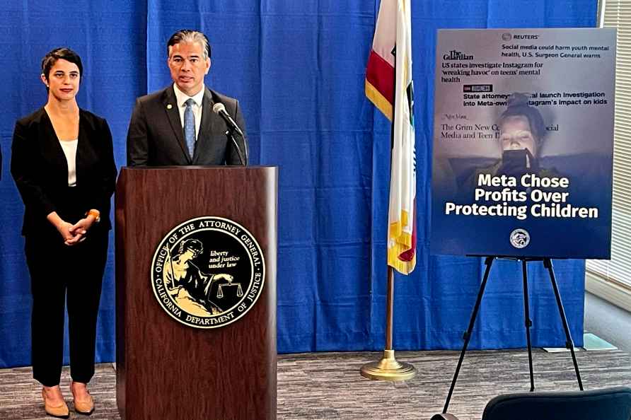 Attorney General Rob Bonta talks during a news conference in San...