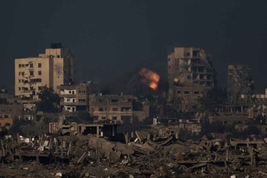 An explosion is seen following an Israeli bombardment