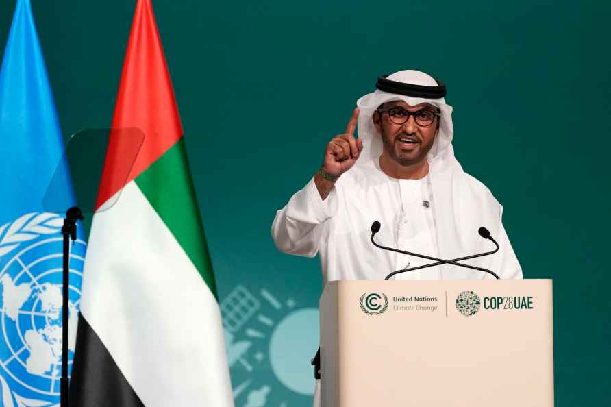 COP28 President Sultan al-Jaber speaks during the opening session...