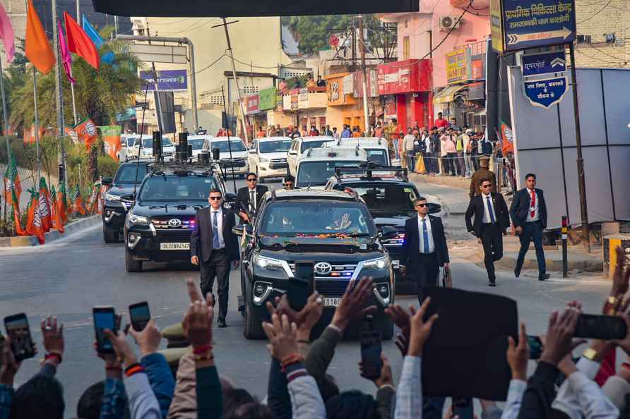 Varanasi: Prime Minister Narendra Modi during a road show in Varanasi...