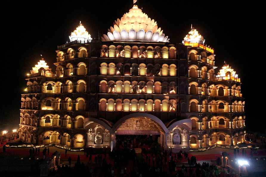 Varanasi: Swarveds Mahamandir illuminated on the eve of its inauguration...