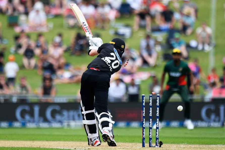 New Zealand's Adam Milne is bowled by Bangladesh's Soumya Sarkar...