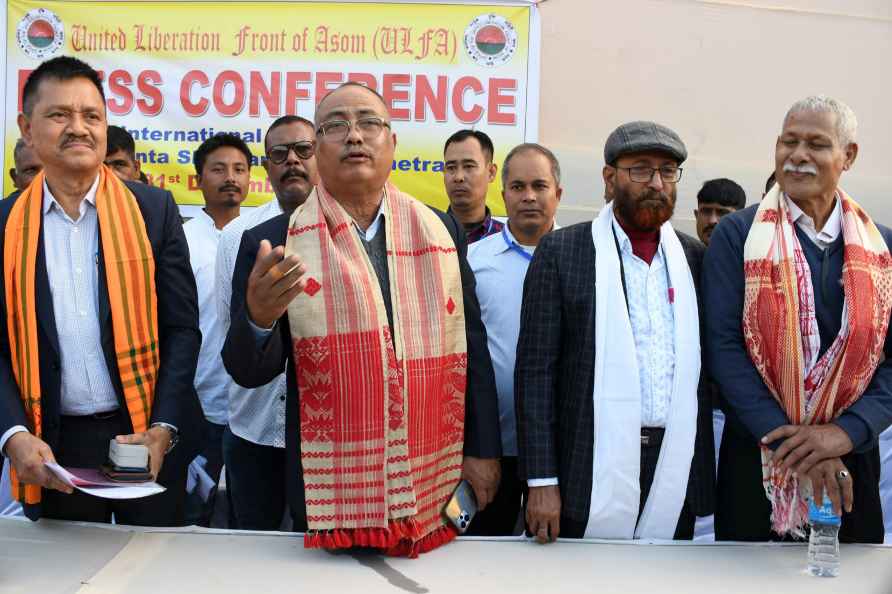 Guwahati: ULFA leaders during a press conference, in Guwahati, Sunday...