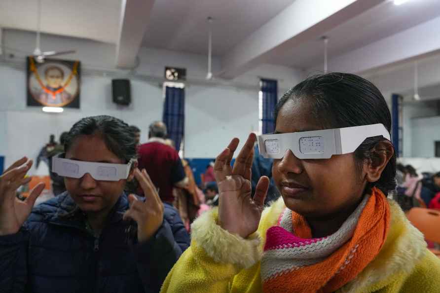 New Delhi: Students of the Lady Irwin College wear simulation glasses...