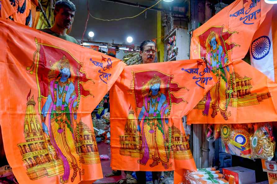 Hindu-themed flags at a shop in Kolkata