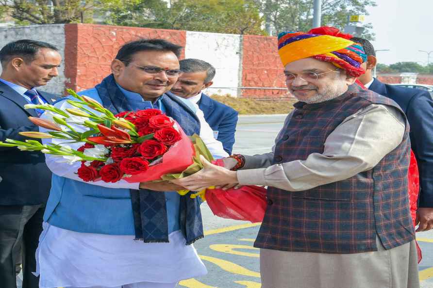 Jaipur: Union Home Minister Amit Shah being received by Rajasthan...