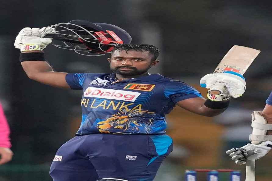 Sri Lanka's Charith Asalanka celebrates scoring a century