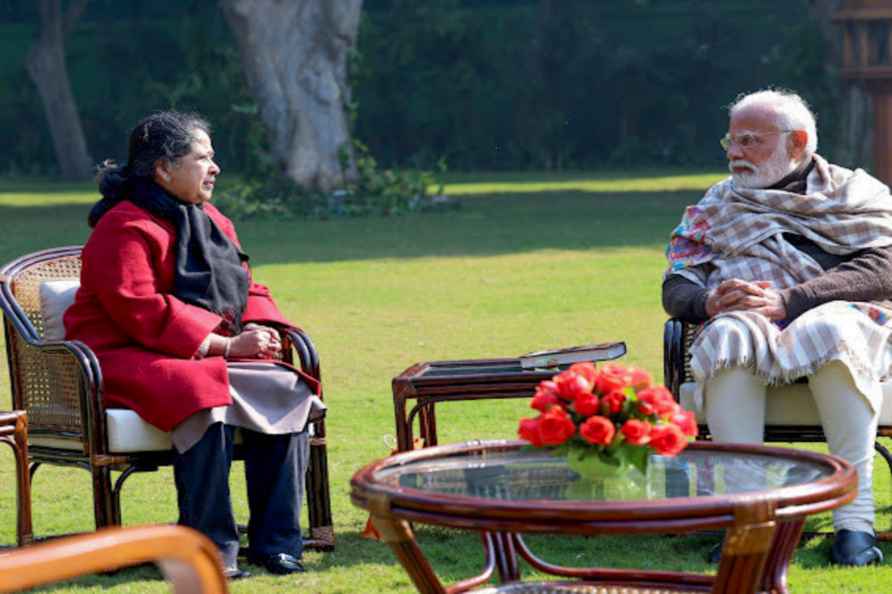 Pranab's daughter presents Modi a book on her father