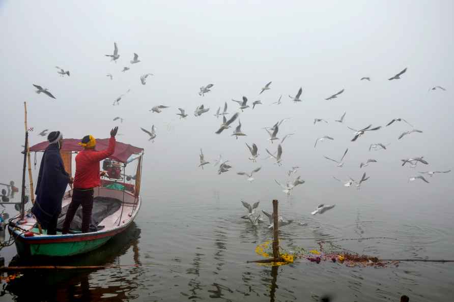 Mirzapur: A man feeds gulls on the bank of River Ganga during a ...