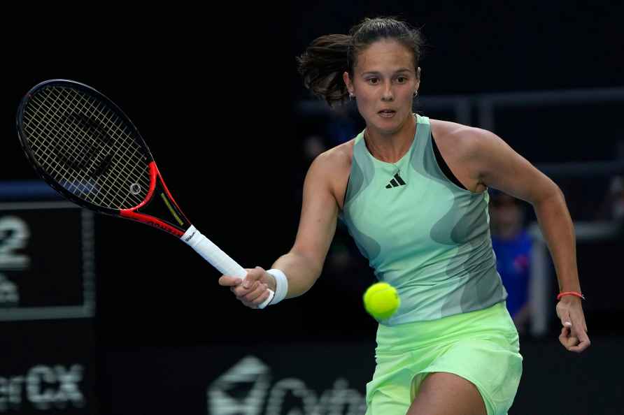 Daria Kasatkina of Russia plays a forehand return to Sloane Stephens...