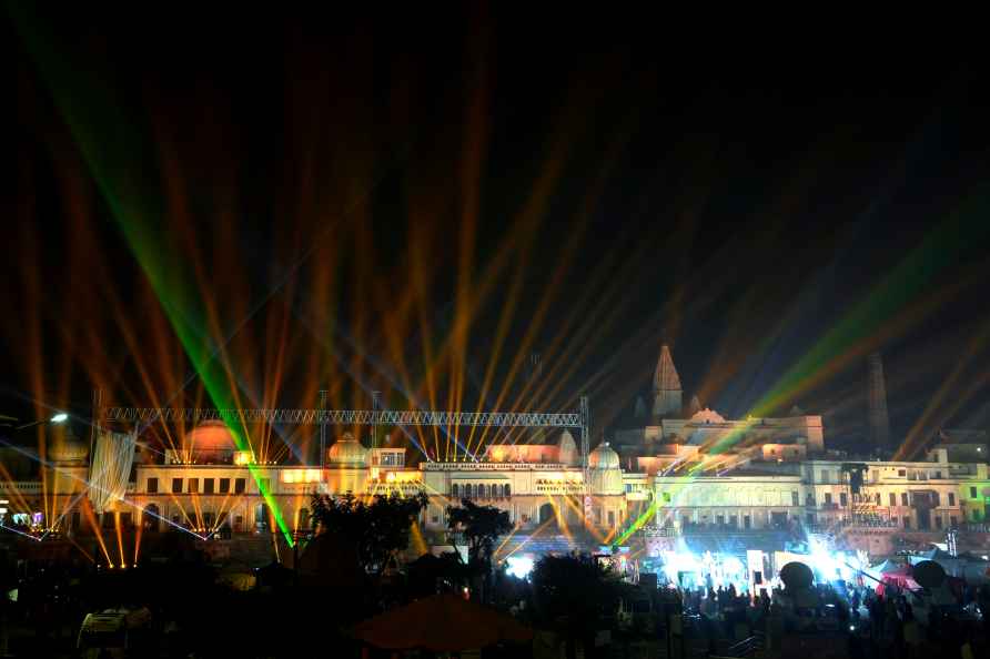 Ayodhya: Laser show at the 'Ram Pauri' Saryu Ghat, ahead of consecration...