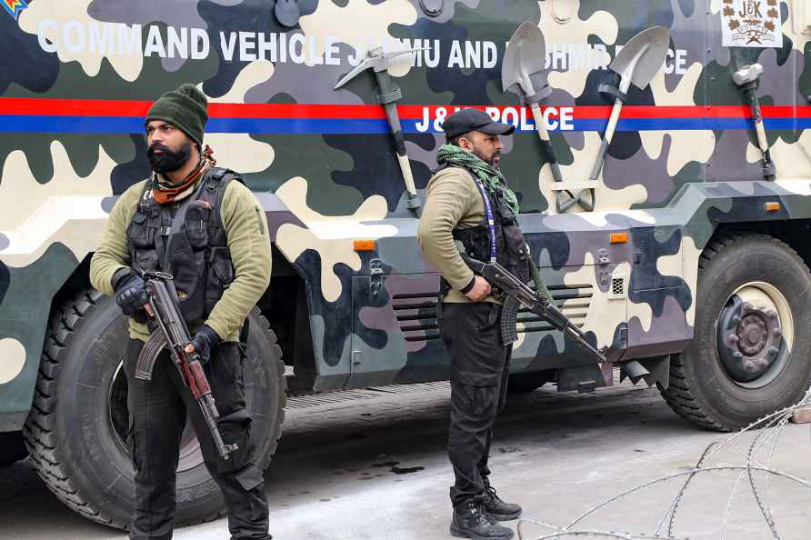 Jammu: Security personnel stand guard outside the Maulana Azad Stadium...