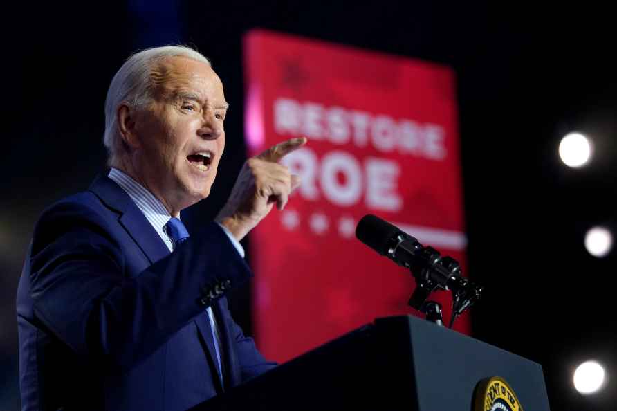 President Joe Biden speaks during an event on the campus of George...