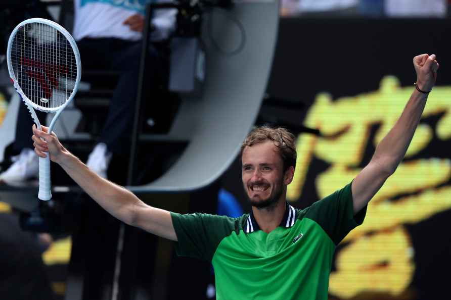 Daniil Medvedev of Russia celebrates after defeating Hubert Hurkacz...