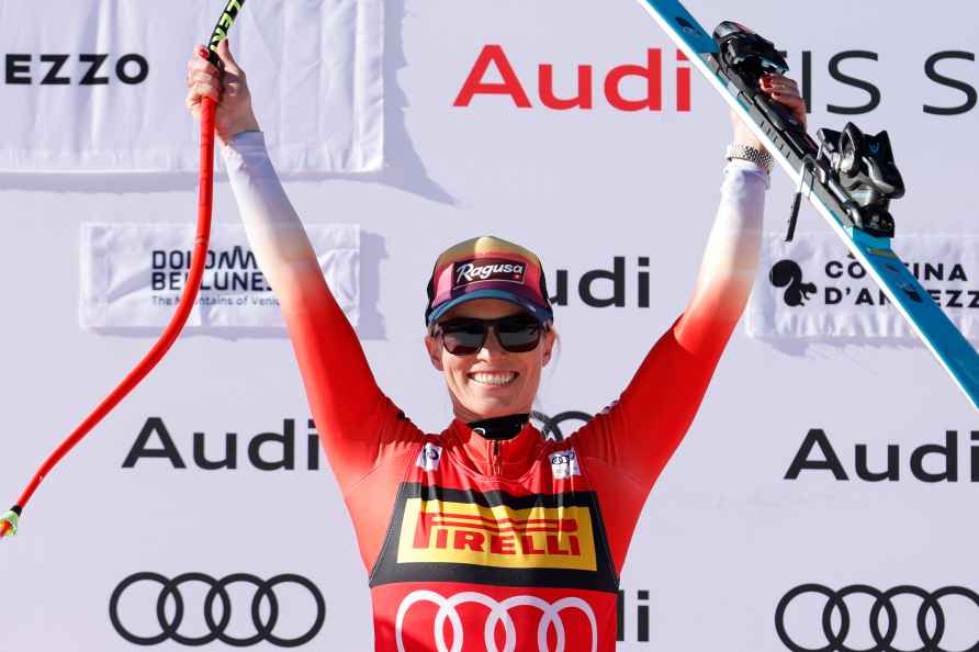 Switzerland's Lara Gut Behrami celebrates winning an alpine ski, ...