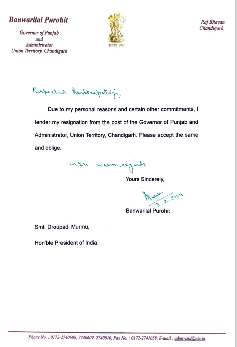 Punjab Governor and UT Administrator Banwarilal Purohit resigns