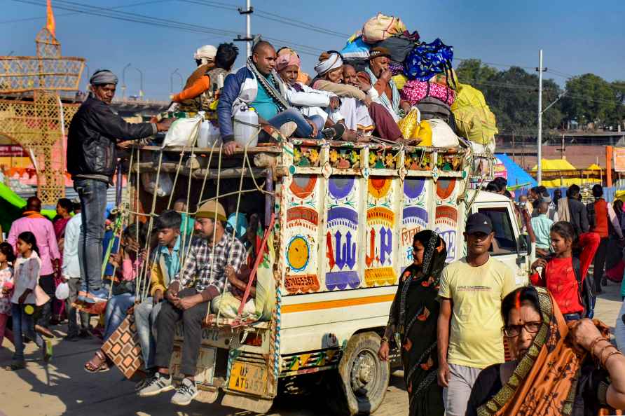 Prayagraj: Devotees leave after taking a holy dip in Ganga river...