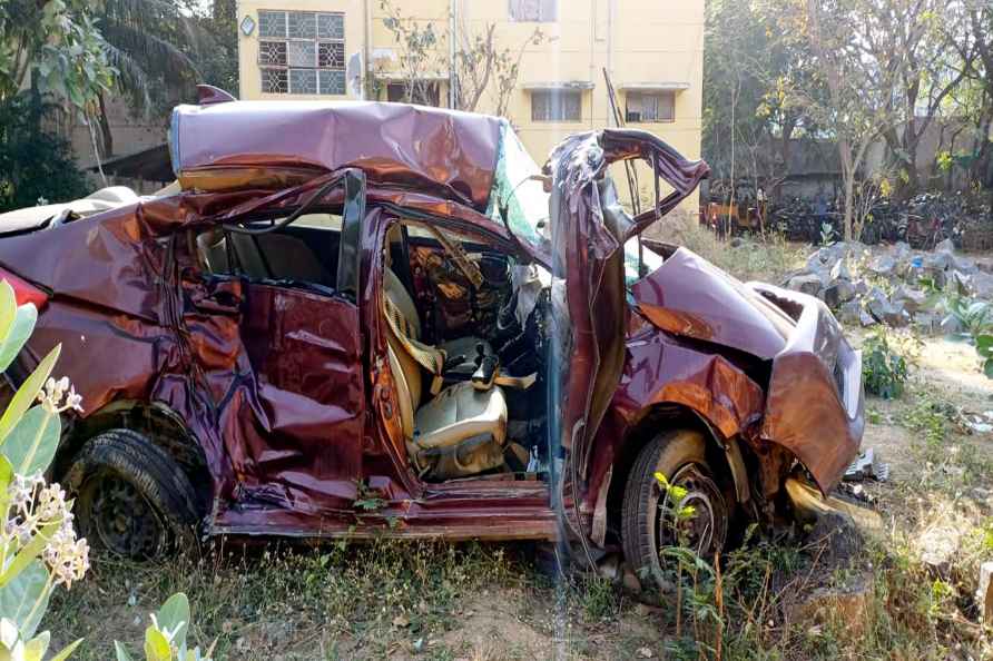 Salem: Mangled remains of a car after it met with a road accident...