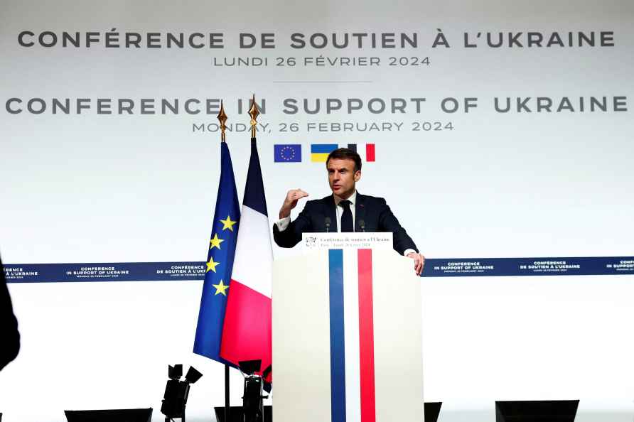 French President Emmanuel Macron speaks during a press conference...