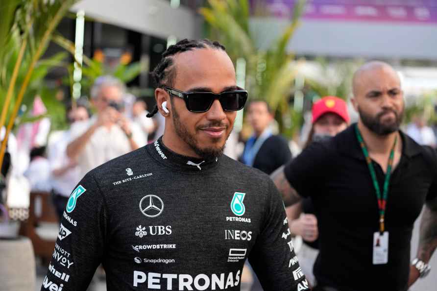 Mercedes driver Lewis Hamilton of Britain prepares for the first...