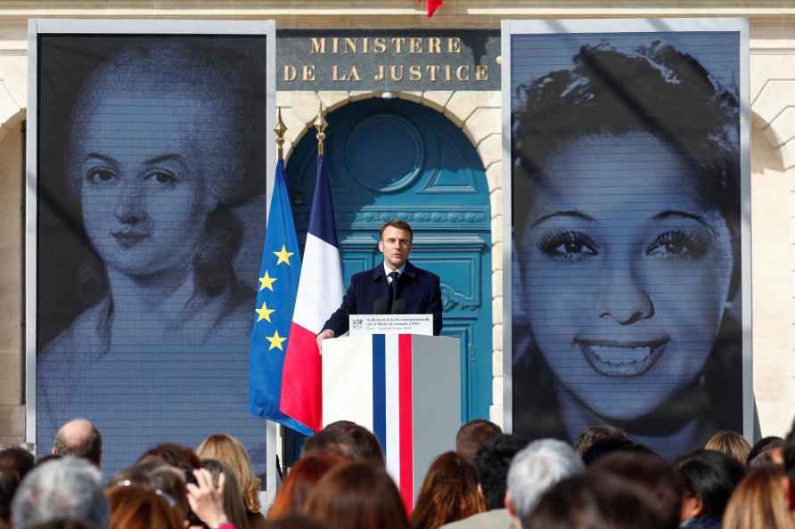 French President Emmanuel Macron speaks during a ceremony to seal...