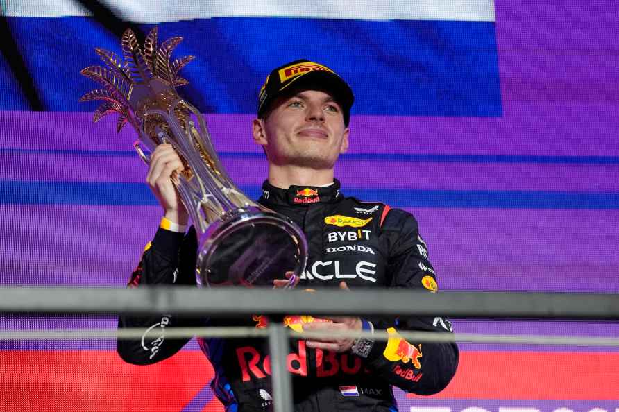 Red Bull driver Max Verstappen of the Netherlands celebrates on ...