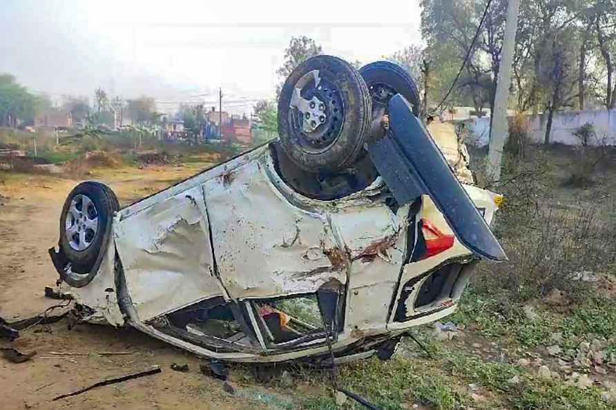 Rewari: The wreckage of a car after an accident at Masani village...