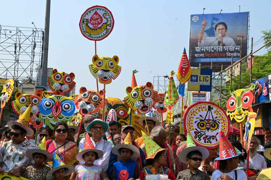 Kolkata: People take part in a procession to celebrate Bengali New...