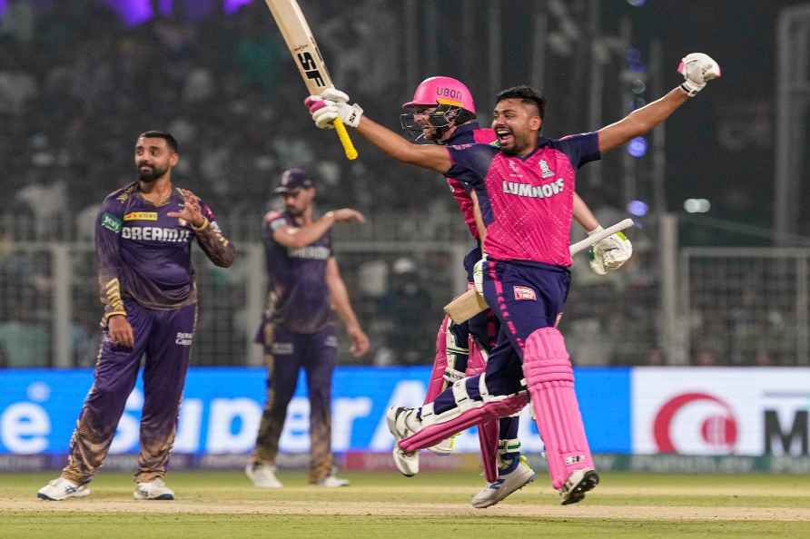 Kolkata: Rajasthan Royals batters Jos Buttler and Avesh Khan celebrate...