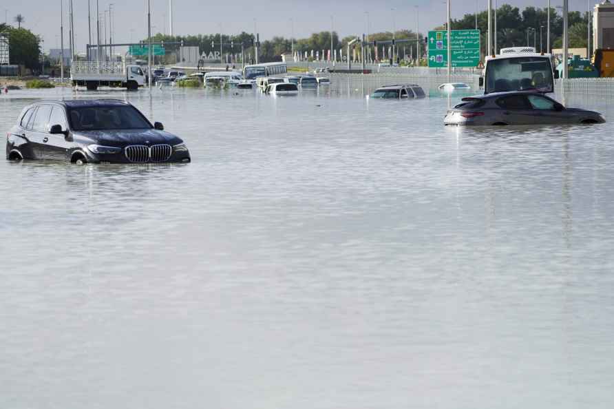 Floodwater covering a major road in Dubai