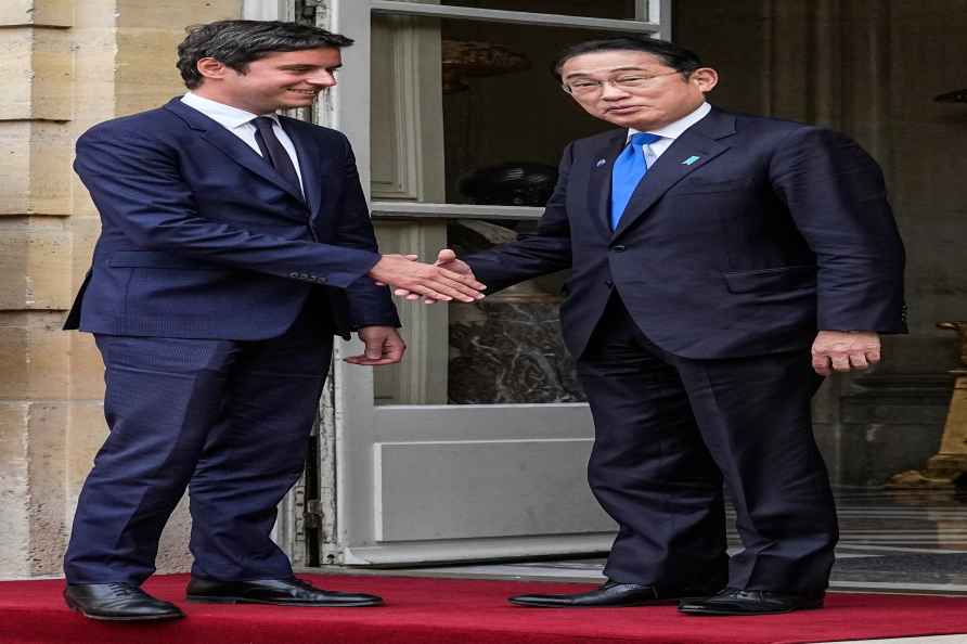 France's Prime Minister Gabriel Attal, left, welcomes Japan's Prime...