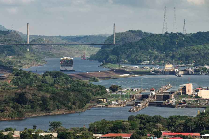 Cargo ship sails through Miraflores locks