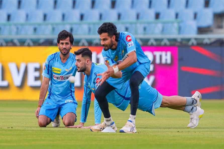 Lucknow: LSG player Ravi Bishnoi with teammates during a practice...