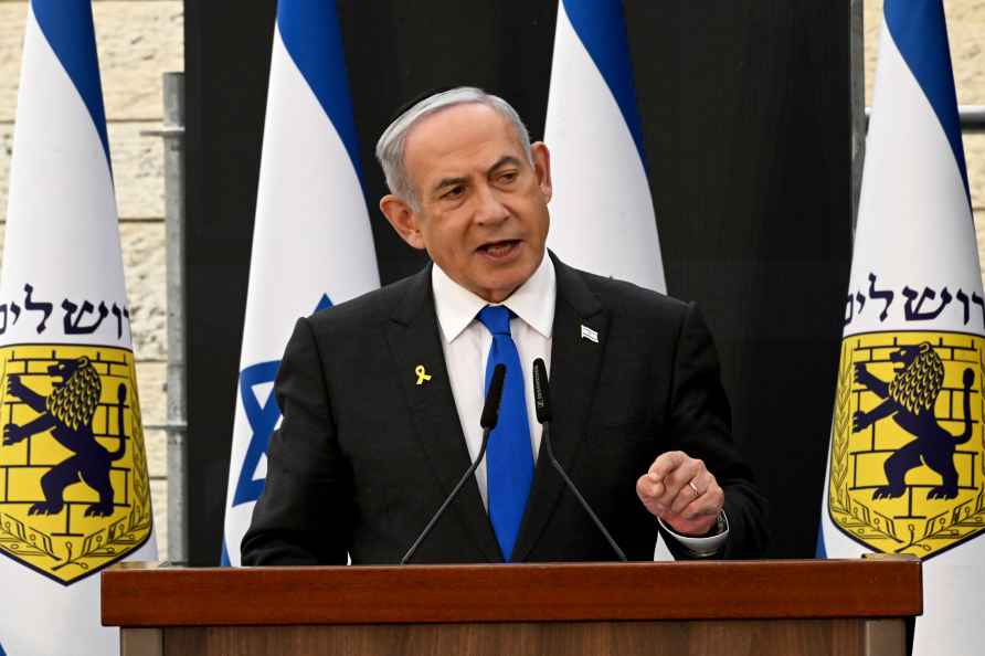 Israeli Prime Minister Benjamin Netanyahu speaks at a ceremony for...