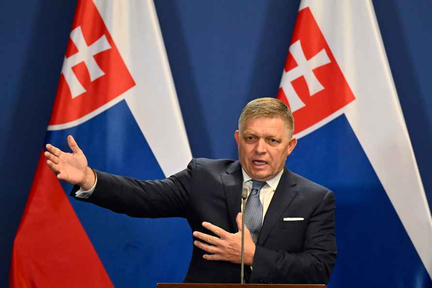 FILE - Slovakia's Prime Minister Robert Fico speaks during a press...