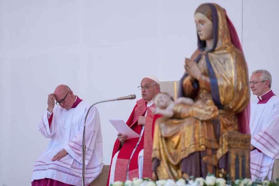 Pope Francis delivers his speech as he celebrates mass at the Bentegodi...