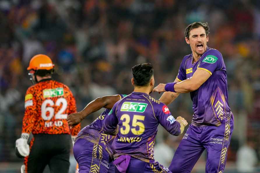 Ahmedabad: Kolkata Knight Riders player Mitchell Starc with teammates...